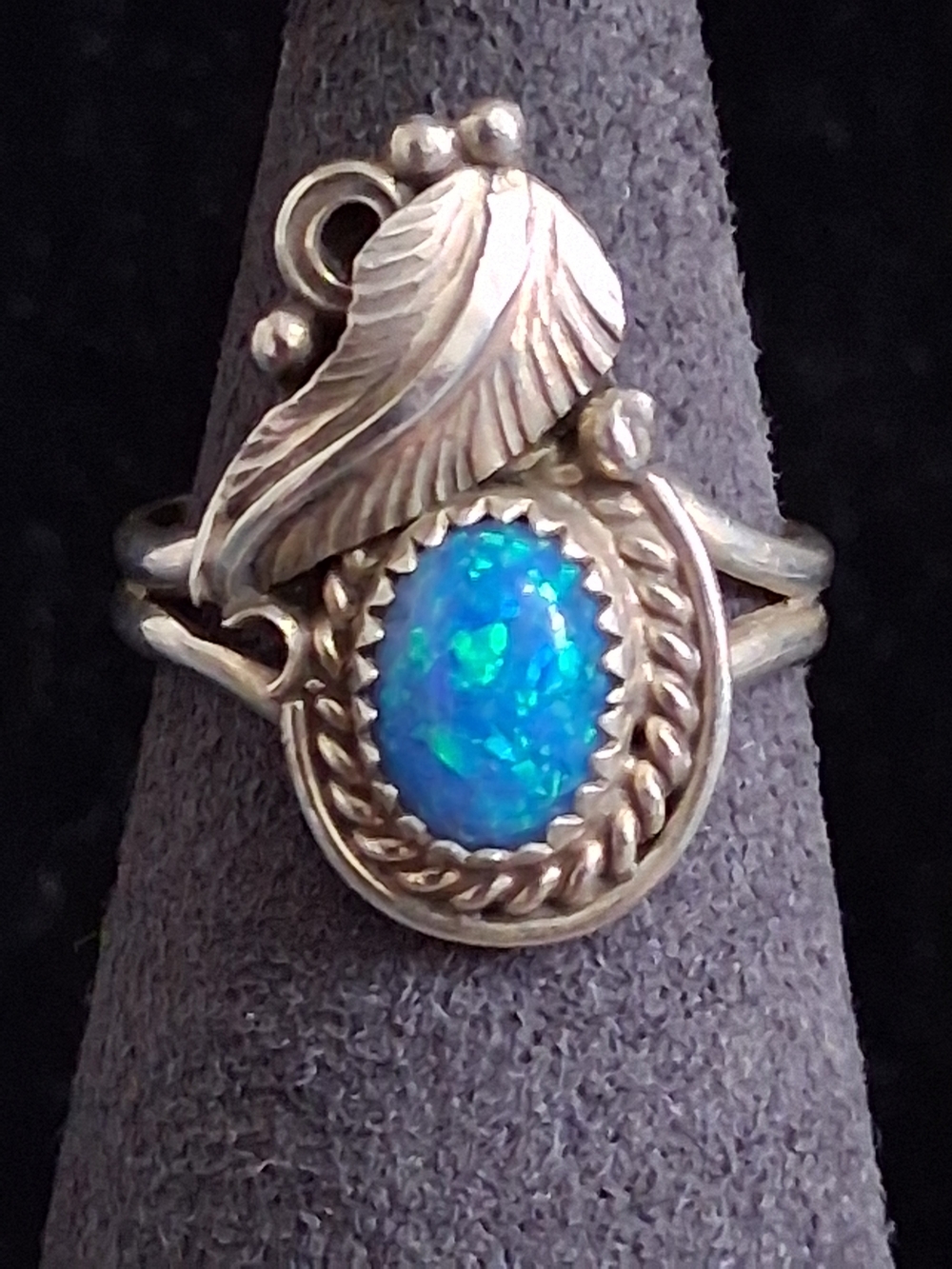 Vintage Southwestern Sterling Silver Blue Fire Opal Feather Bypass Ring Sz 6